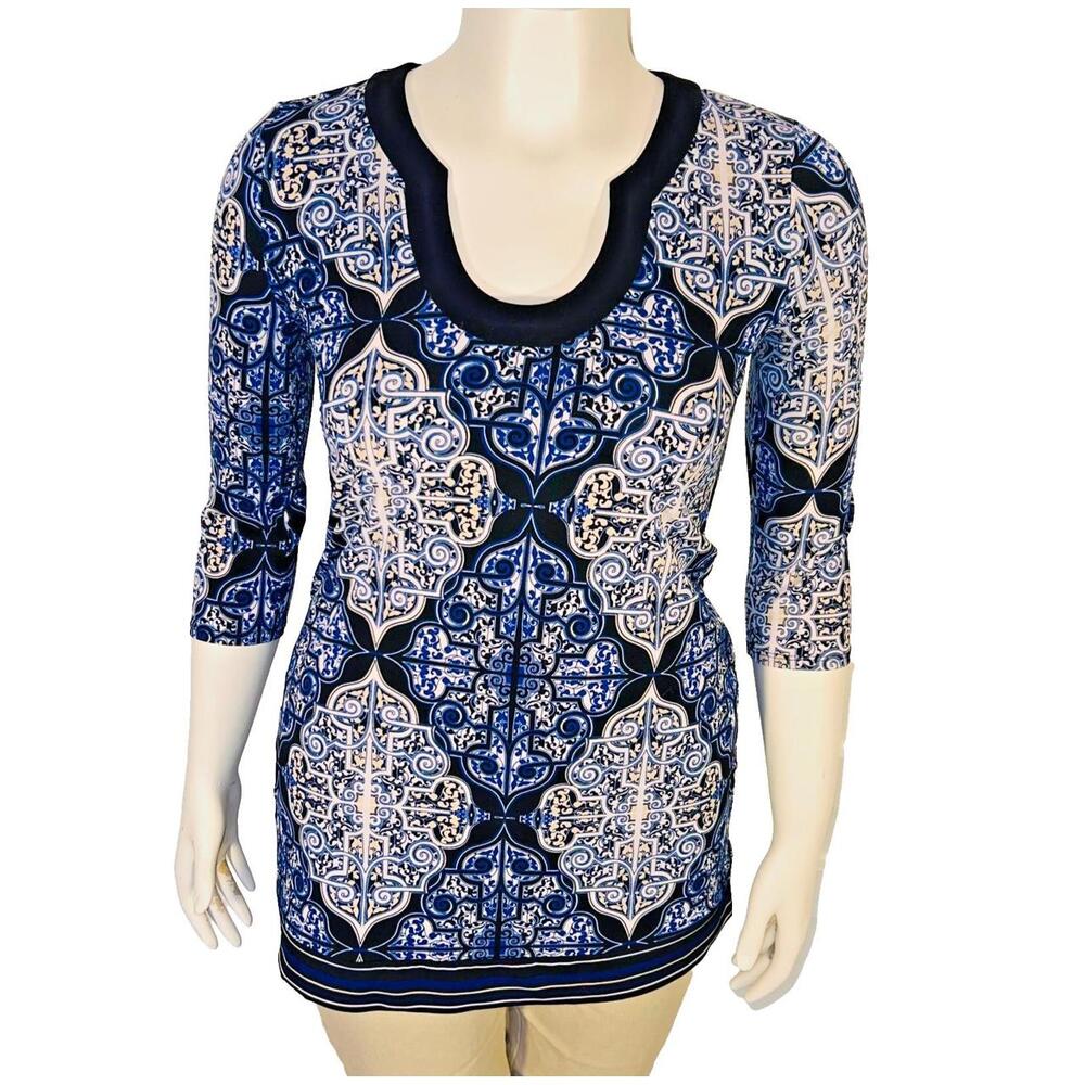 WHBM Tunic Top Womens S Black Blue Horseshoe Neck Grecian Print 3/4 Sleeve